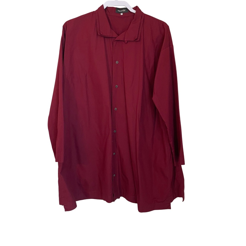 eskandar Burgandy Poplin Double Collar A-Line Button Down Tunic Shirt Sz 1 S/M